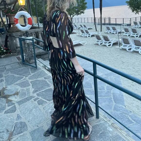 Shoshanna Black Metallic Ribbon Maxi Dress SIZE 6 Cut Out Balloon Sleeves $648 - Picture 4 of 11